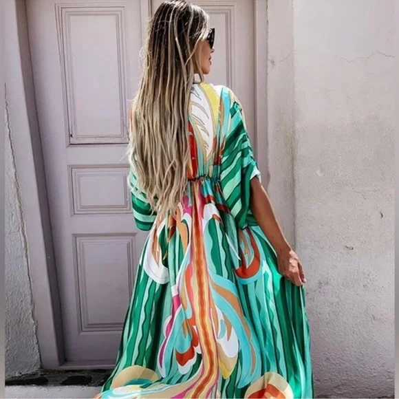 CLOSEOUT! FIRM 🌸 Gorgeous Multicolor Button Pattern Flowy Boho Resort Maxi - Picture 9 of 9